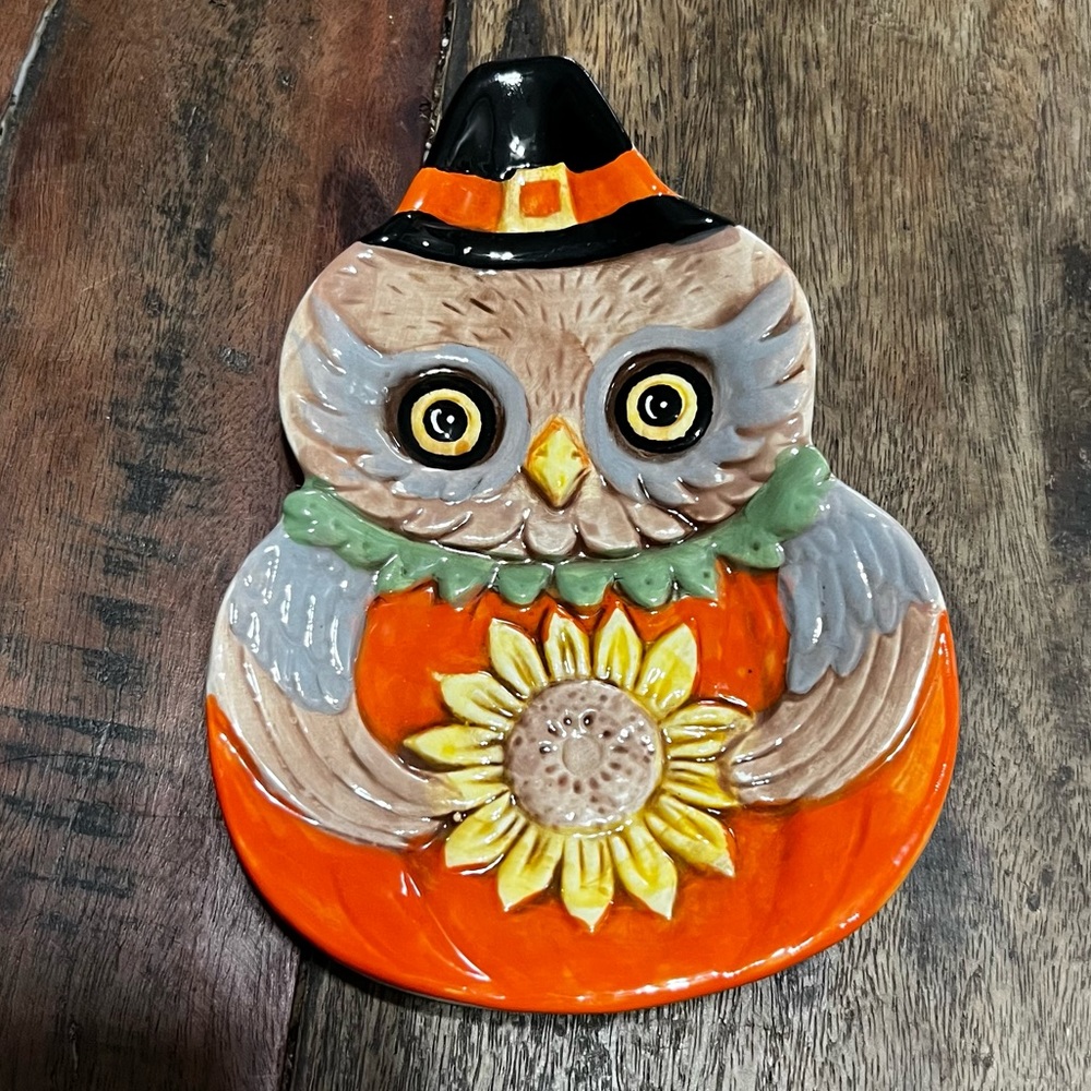 NWT Johanna Parker Owl Thanksgiving Plate Fall Decor